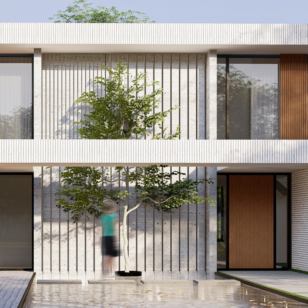 Moderne minimalistische architectuur met verticale elementen en geïntegreerd groen